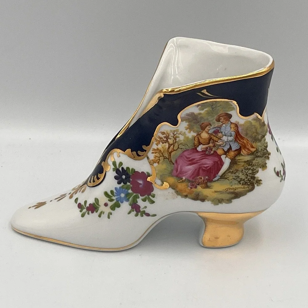 Vintage Porcelain Shoe Figurine Courting Couple Gold Trim Heel Ornate Grannycore